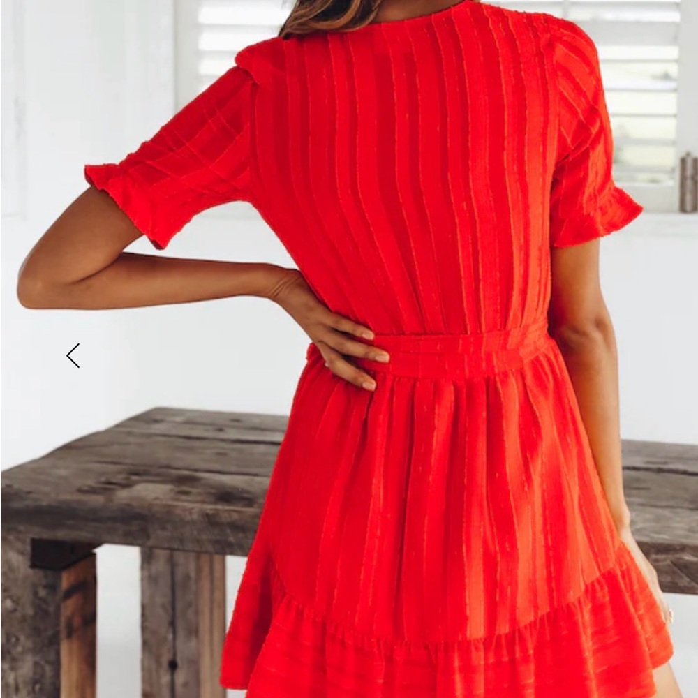 Women's Red Wrap Mini Dress with Tie Waist - Picture 2 of 5